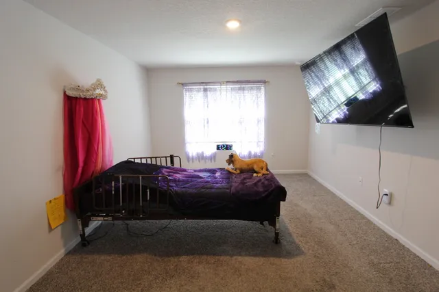 a bedroom with a bed and a flat screen tv