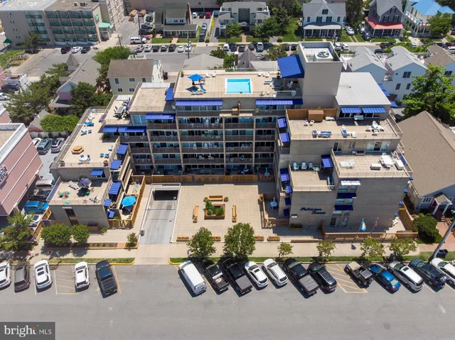 an aerial view of a and patio