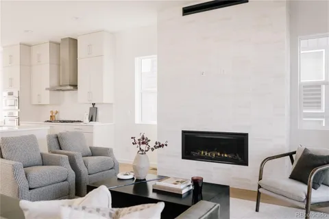 a living room with furniture a rug and a fireplace