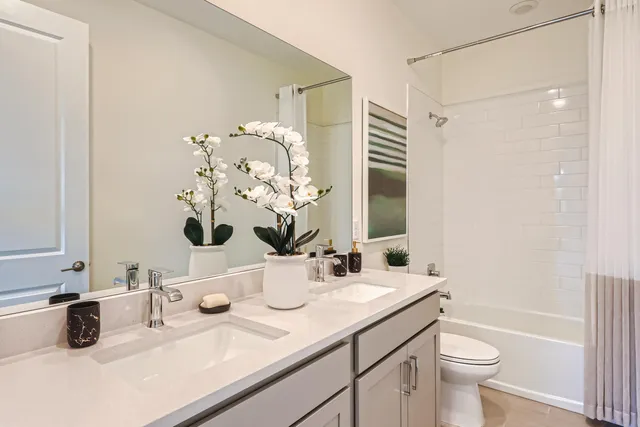 a bathroom with a double vanity sink mirror and toilet