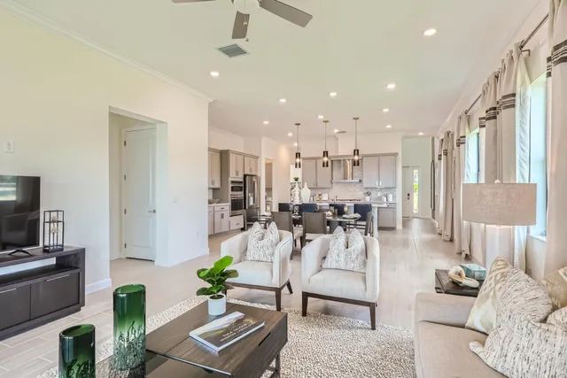 a living room with furniture and a view of kitchen