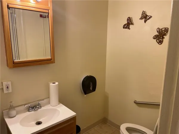 a bathroom with a sink a toilet and mirror