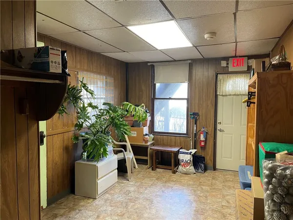 a view of a storage room with an entryway