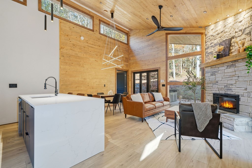 138 Cottonwood Lane Blue Ridge, GA 30513 - Photo 8 of 35 a living room with furniture a fireplace and a counter top space