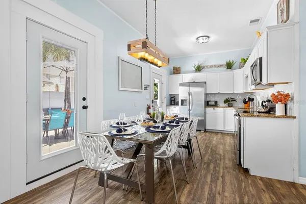 a view of a dining room with furniture large window and wooden floor