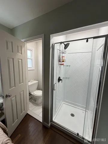 a bathroom with a shower and a toilet