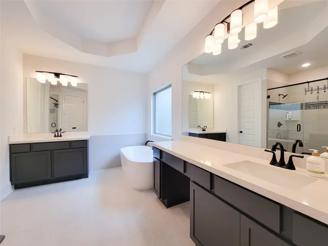 a bathroom with a sink vanity and a mirror
