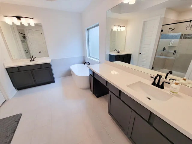 a view of a backyard with plants and large trees