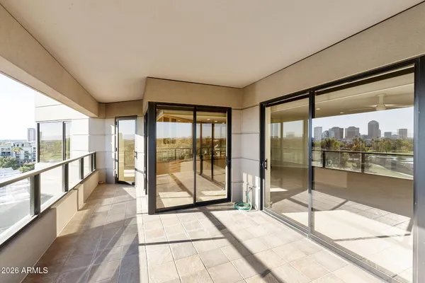 a city view with a glass door