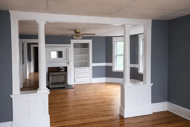 a view of a livingroom with a fireplace