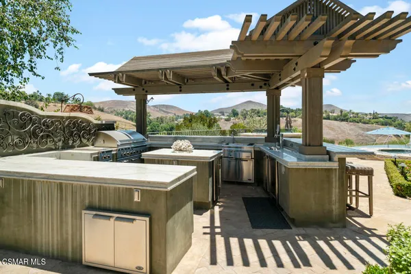 a garden view with a seating space