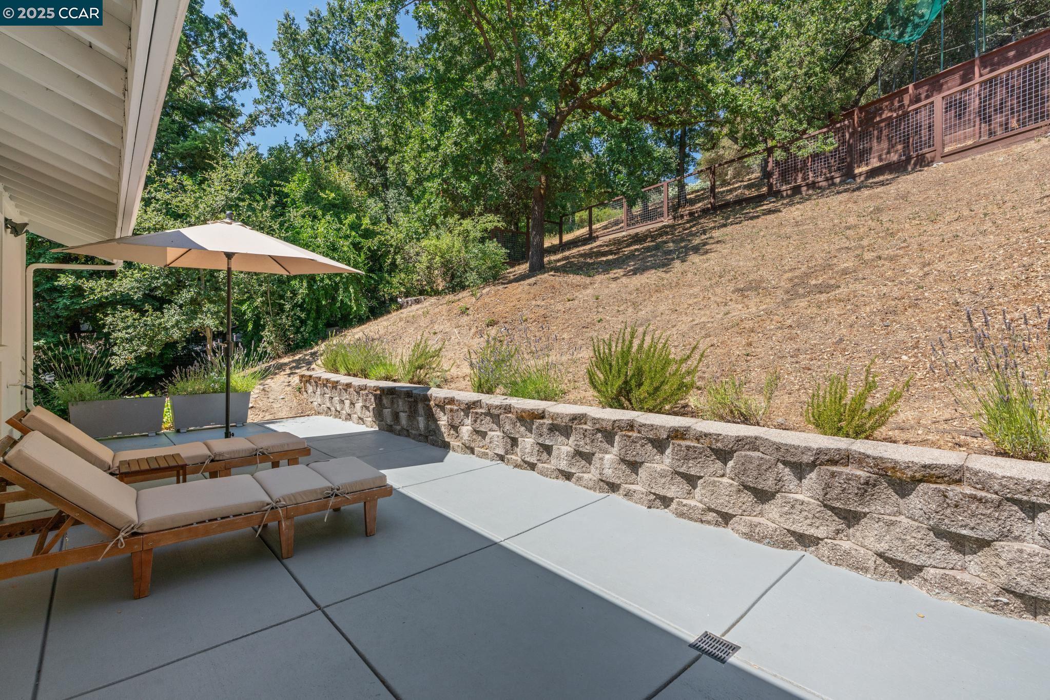 3555 Old Mountain View Drive Lafayette, CA 94549 - Photo 11 of 41 a view of a patio with couches table and chairs under an umbrella with large trees