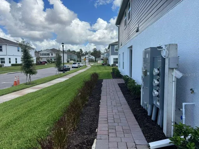 a backyard of a house with plants and large tree