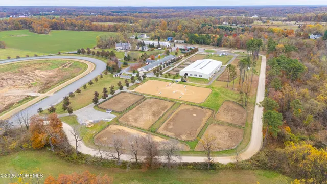 an aerial view of a swimming pool