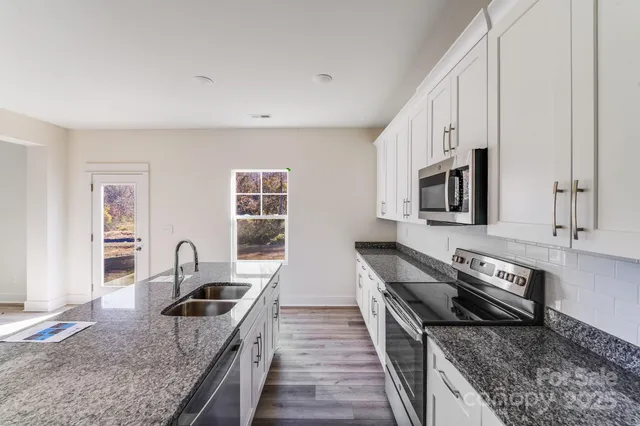 a kitchen with stainless steel appliances granite countertop a stove a sink and a microwave