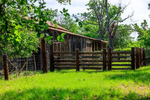 a view of a backyard with wooden fence and a large tree