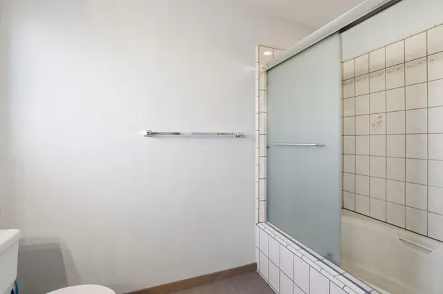 a bathroom with a shower and toilet