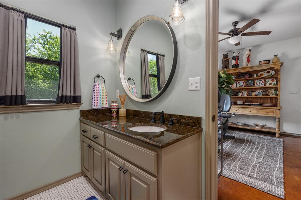 201 Jenkins Ridge Aledo, TX 76008 - Photo 32 of 39 a bathroom with a granite countertop sink and a mirror