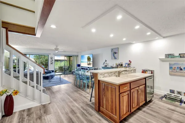 a kitchen with lots of counter top space