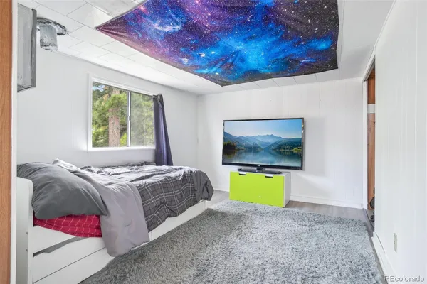 a bedroom with a bed and a flat screen tv