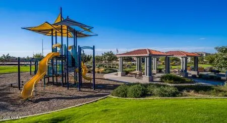 a view of a park with a slide
