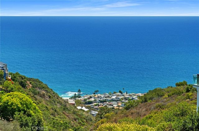 a view of a large body of water with a field