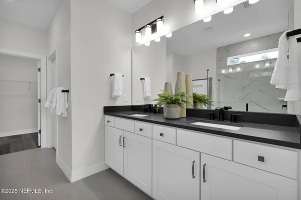 a bathroom with a shower a mirror and a sink