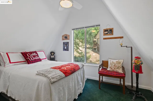 a bedroom with a large bed and a window