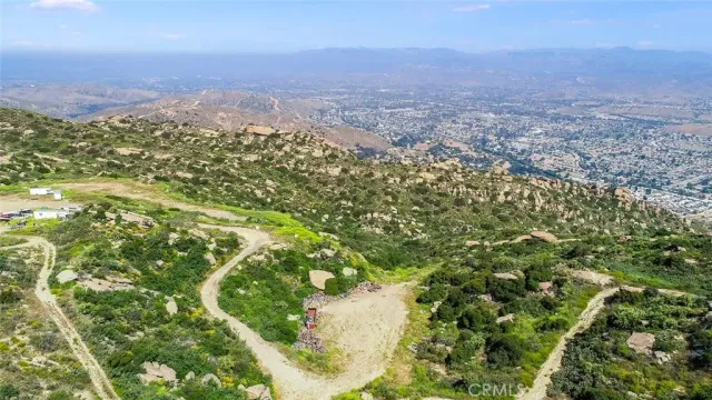 a view of a city with lush green forest