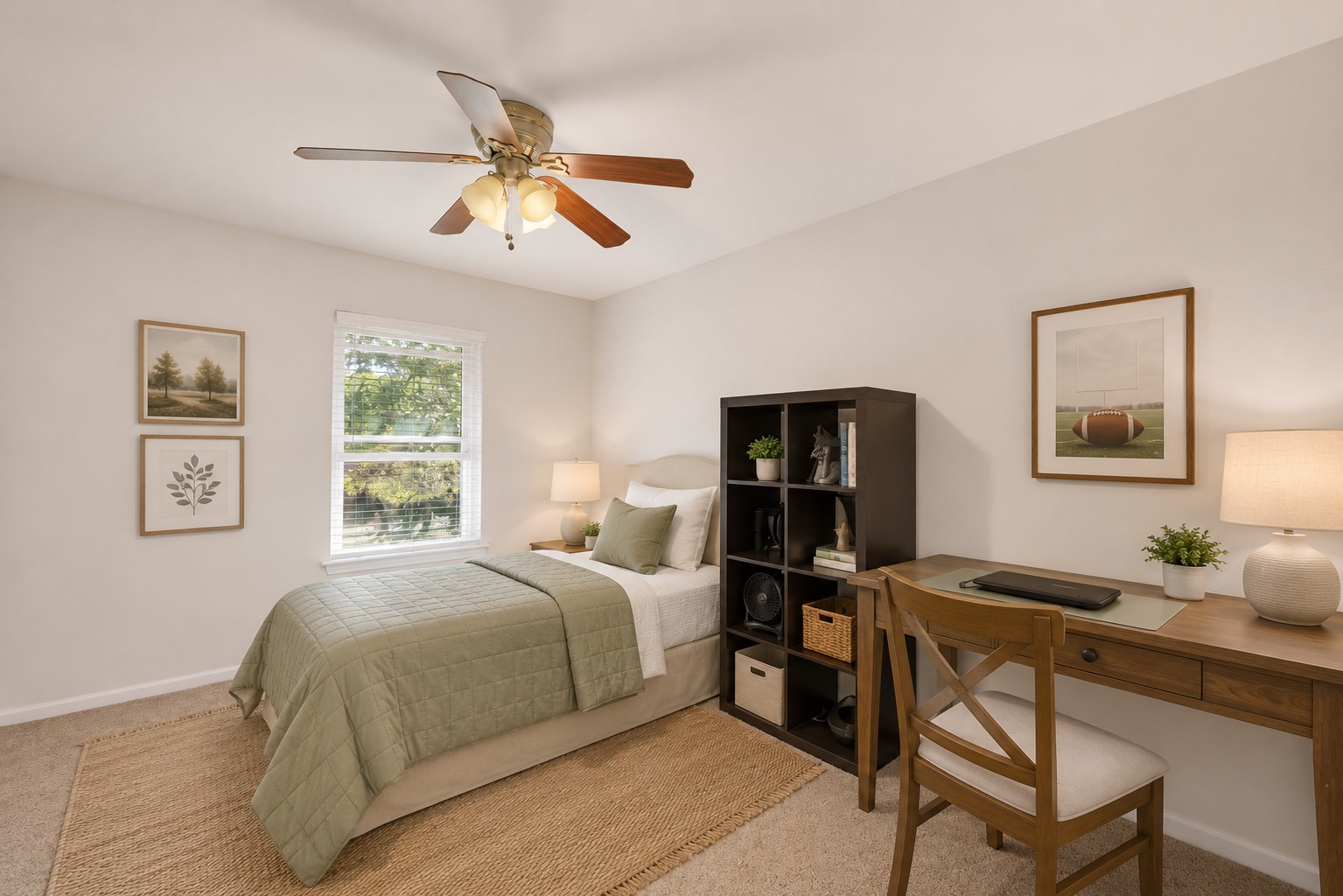 12528 Labrador Cove Austin, TX 78729 - Photo 34 of 40 This versatile secondary bedroom has been thoughtfully enhanced with light Pottery Barn-inspired virtual staging to showcase its functionality and comfortable layout. Soft neutral finishes, plush carpeting, abundant natural light, and a ceiling fan create a warm and inviting atmosphere, while the staged furnishings demonstrate the room’s flexibility as a bedroom, guest suite, study space, or home office. The clean design and generous proportions make it an ideal retreat for family members, guests, or work-from-home needs. Virtually staged for illustrative purposes.