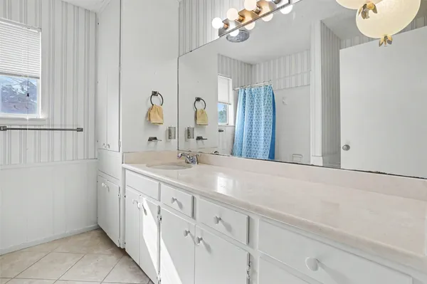 a bathroom with a sink vanity and a mirror