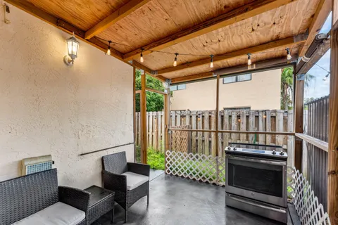 a garden view with a seating space
