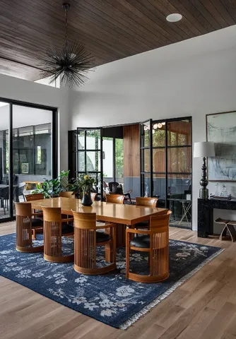 a view of a dining room with furniture window and outside view
