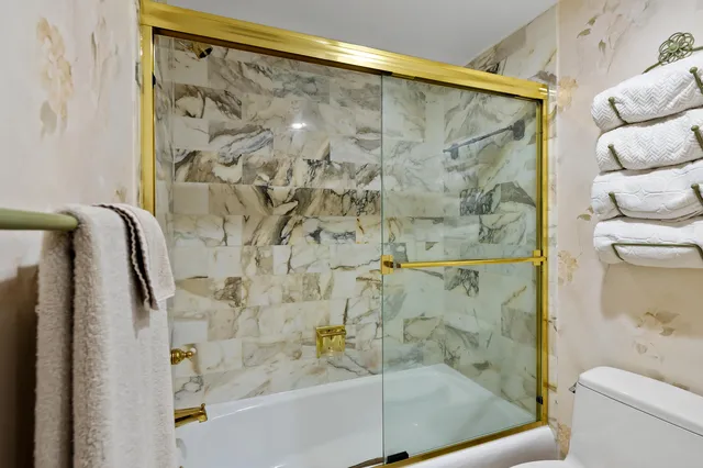 a bathroom with a shower and a toilet