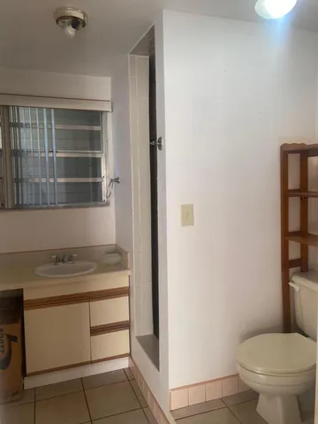 a bathroom with a sink toilet vanity and window