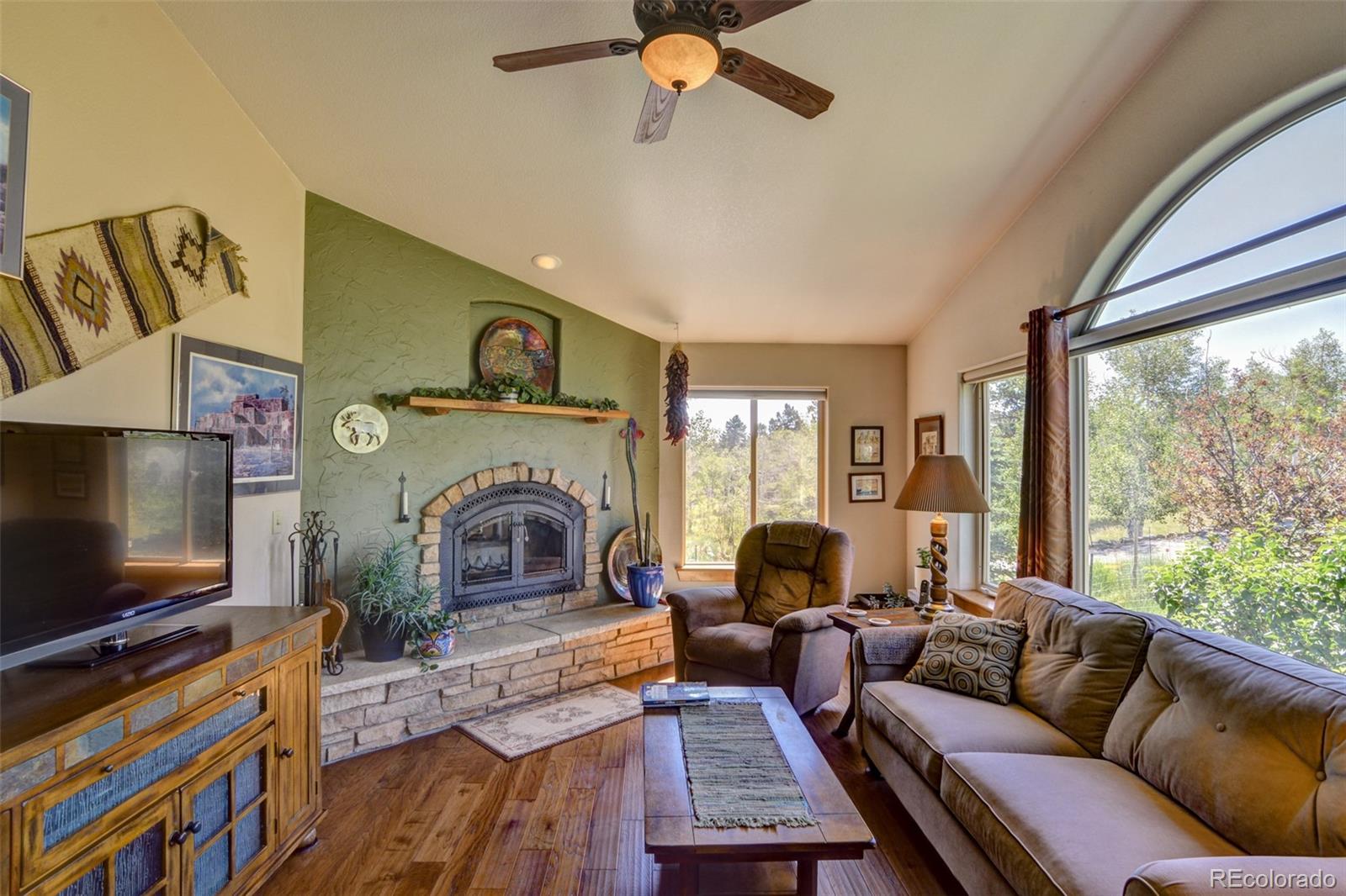 3135 Singletree Road Hartsel, CO 80449 - Photo 18 of 40 a living room with furniture a flat screen tv and a fireplace