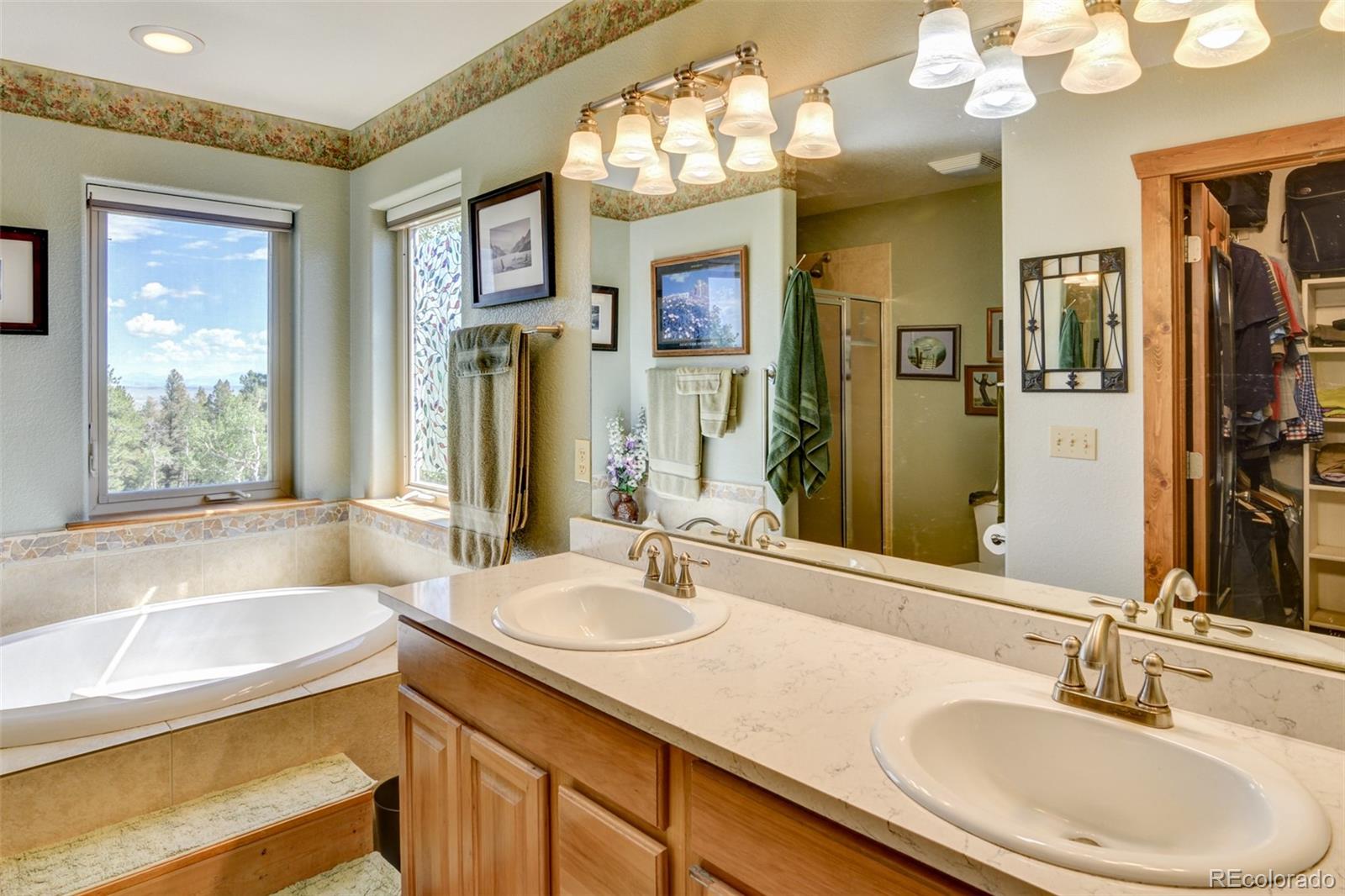 3135 Singletree Road Hartsel, CO 80449 - Photo 22 of 40 a bathroom with a sink double vanity granite tub and a large mirror