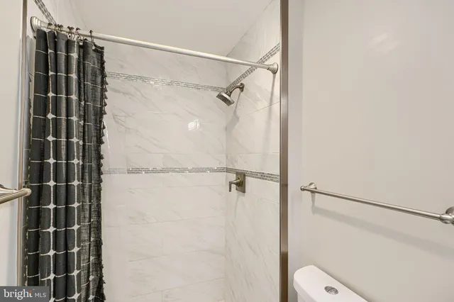 a bathroom with a shower and a toilet