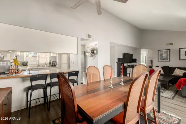 a view of a dining room with furniture