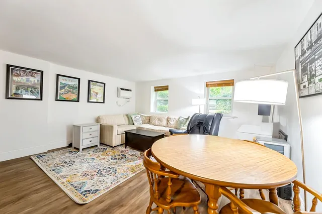 a view of a dining room with furniture