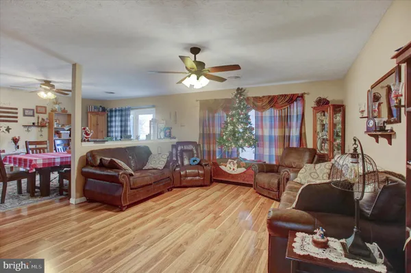 a living room with furniture ceiling fan and a rug