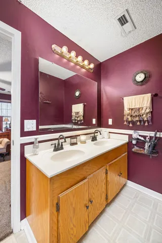 a bathroom with a sink vanity and a mirror