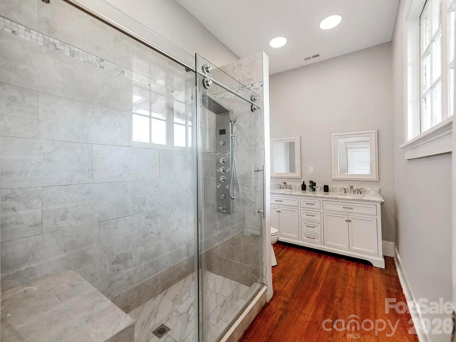 128 West End Street Chester, SC 29706 - Photo 20 of 40 a bathroom with a granite countertop shower a sink and a mirror