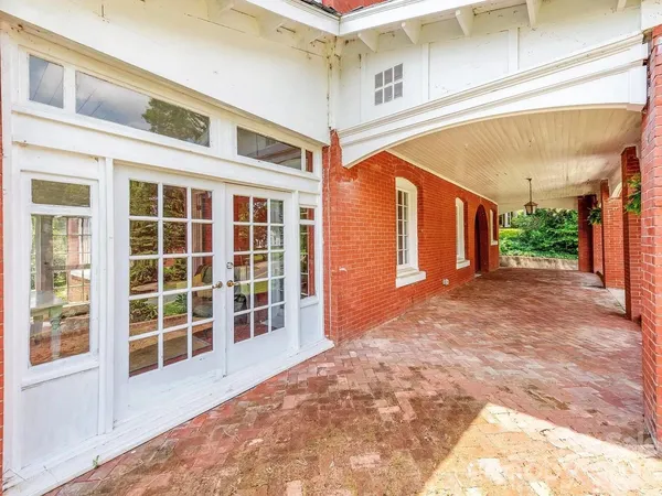 a view of a building with a large window