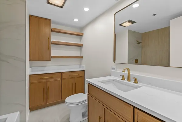 a bathroom with a sink a toilet and vanity