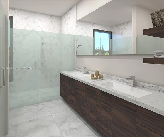 a bathroom with a granite countertop sink a mirror and shower