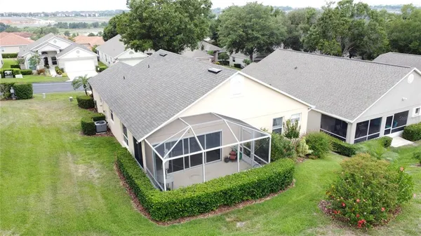 an aerial view of a swimming pool