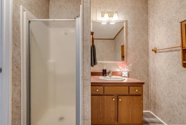 a bathroom with a sink a mirror and shower
