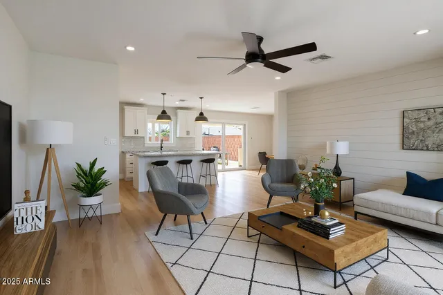 a living room with furniture and a potted plant