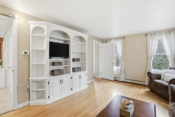 a view of a livingroom with furniture and wooden floor